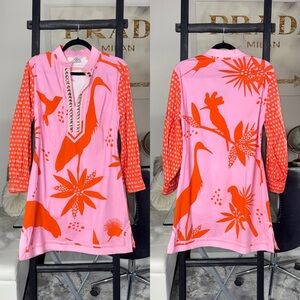 Sheridan French Large Pink Orange Printed Tunic Dress With Gold Button Placket